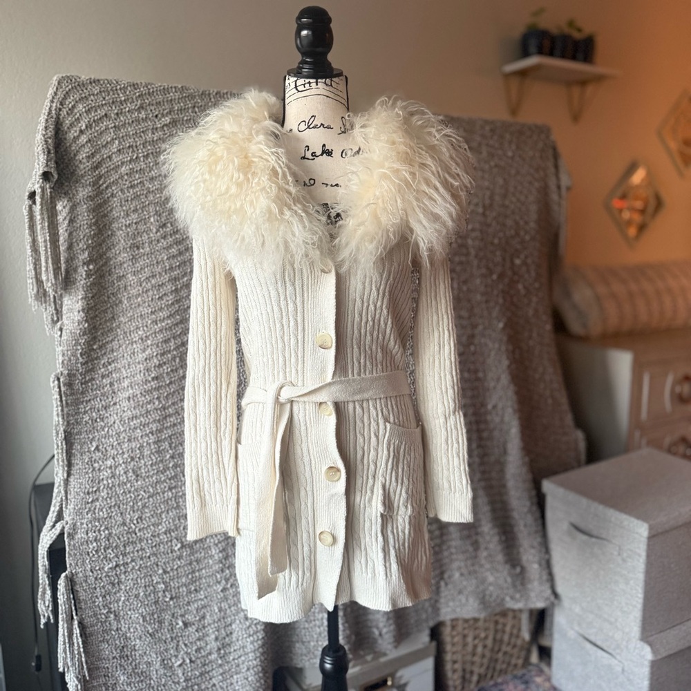 Fur-Trimmed Cream Penny Lane Cardigan